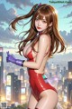 A woman in a red bathing suit standing in front of a city.