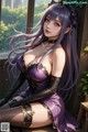 A woman with long purple hair sitting on a window sill.